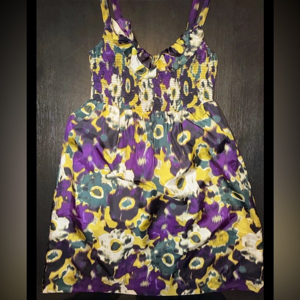 Anthropologie Maeve-Pure Silk Dress,Smocked Bodice,Abstract Floral Yellow,Purple